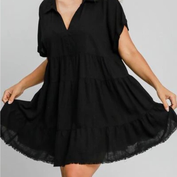 Umgee Raw Hem Folded‎ Sleeve Tiered Mini Dress - Picture 2 of 8